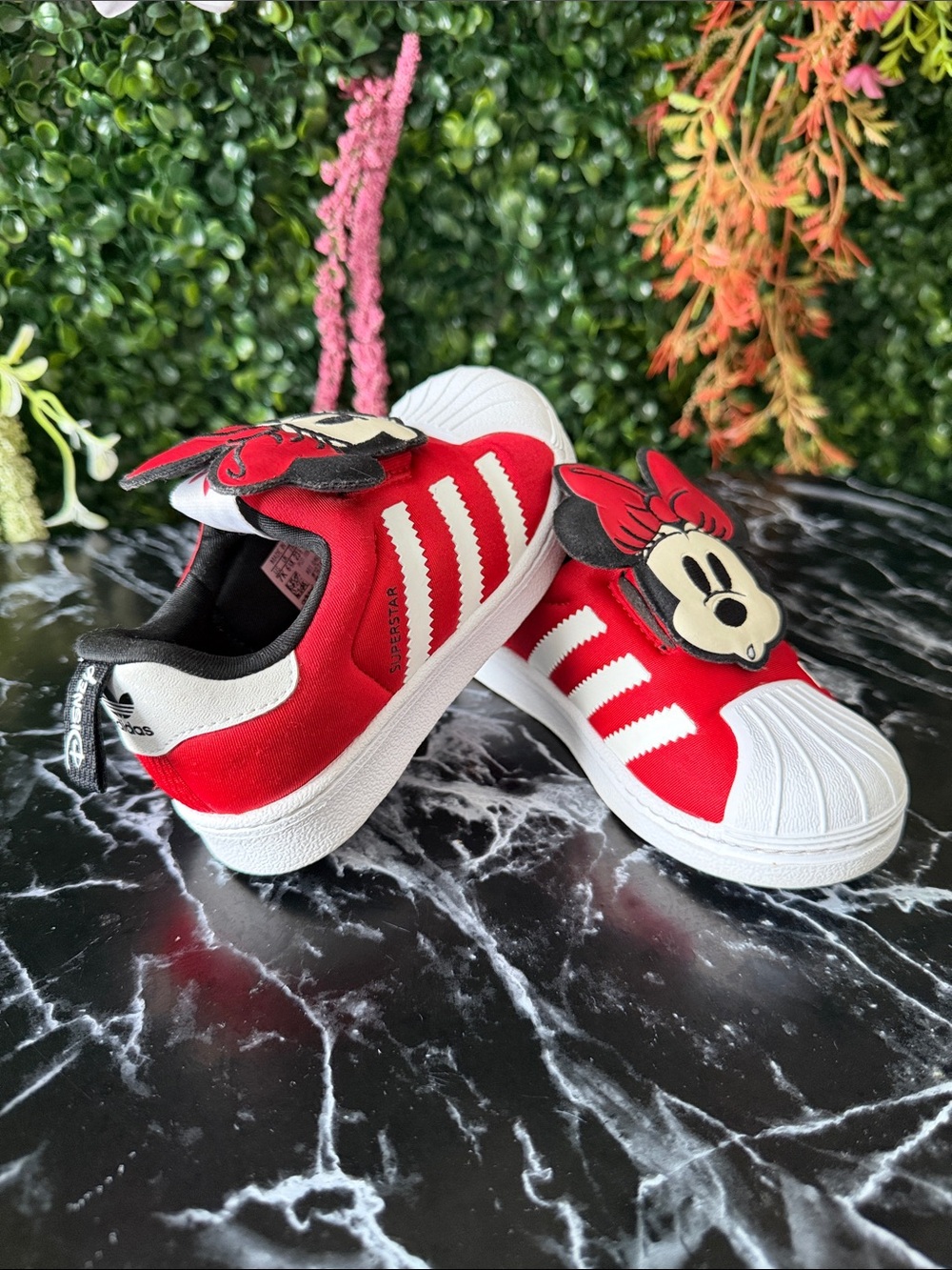 adidas Kids Red Minnie Mouse Slip-On Sneakers with White Shell Toes